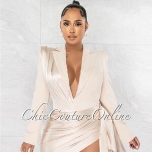 Chic Couture Vilina Off-White Draped Overlay Bodysuit Dress | Sold Out | NWT | S